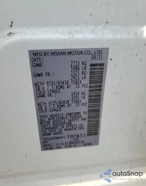 2015 Nissan Pathfinder S z USA, uszkodzony, nr VIN 5N1AR2MN4FC707651